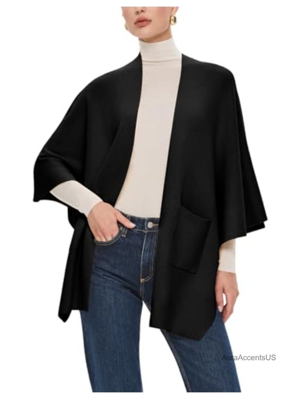 Open Front Knit Shawl Wrap with Pockets Fall Winter Poncho